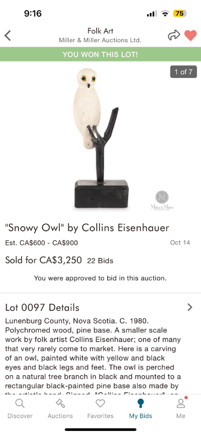 Eisenhauer Collins Wood carved snow owl