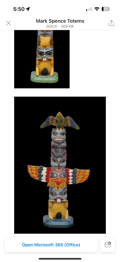 NWC Spence, Mark 4 figured model totem, with spotted yellow and red bird plus salmon Totem