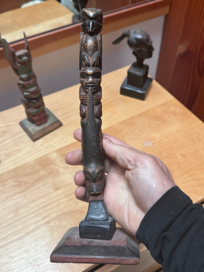 NWC Unknown carver, Dark Patina 3 figured owl model totem