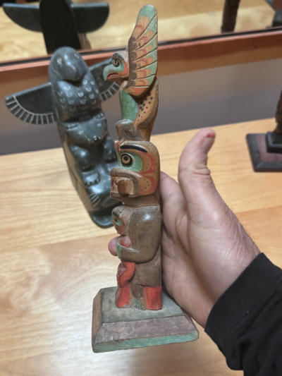NWC Unknown carver, 3 figured turquoise winged owl model totem