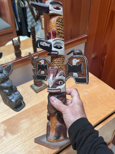 NWC, unknown carver, 2 beaked large 3 figured model totem