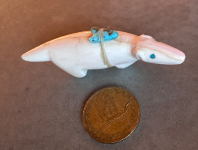 Zuni fetish Poblano Leo white bear with turquoise arrowhead