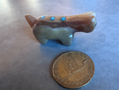 Zuni fetish Kucate, Theodore badger with tail and turquoise inlay