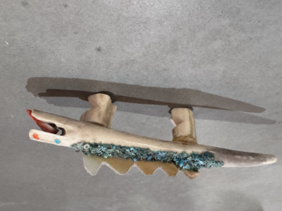 Zuni fetish halate leonard Elkhorn dinosaur with coral tongue